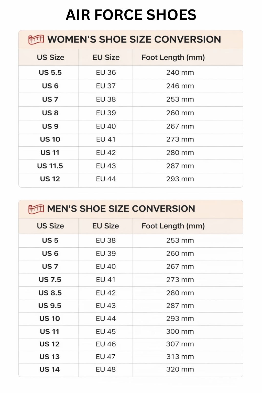 Air Force Shoes Size Chart - Dragon Ball Z AU Store