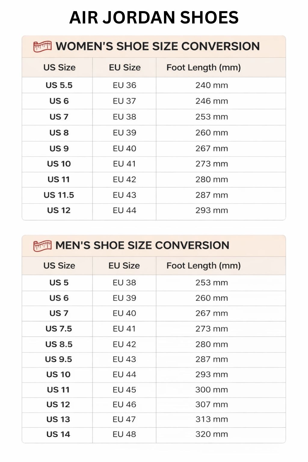 Air Jordan High Low Top Shoes Size Chart - Dragon Ball Z AU Store